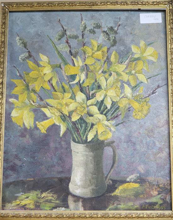 A. Foreman, framed oil on canvas of a vase of daffodils, 38 x 49cm